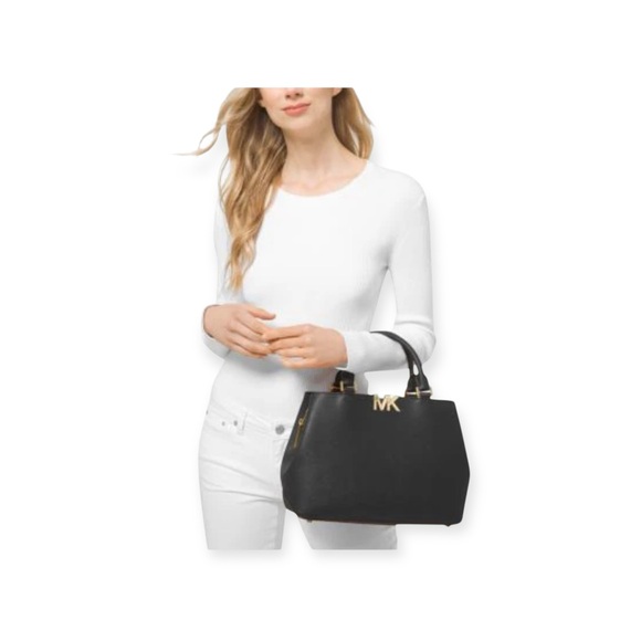 Michael Kors ✿ Florence Medium Saffiano Leather Satchel Handbag ✿ Black Gold MK - Picture 1 of 16